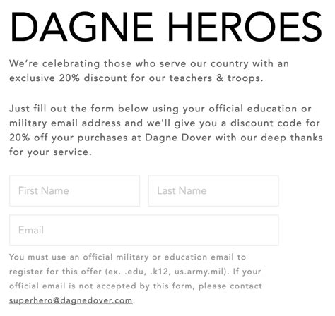 dagne dover military discount.